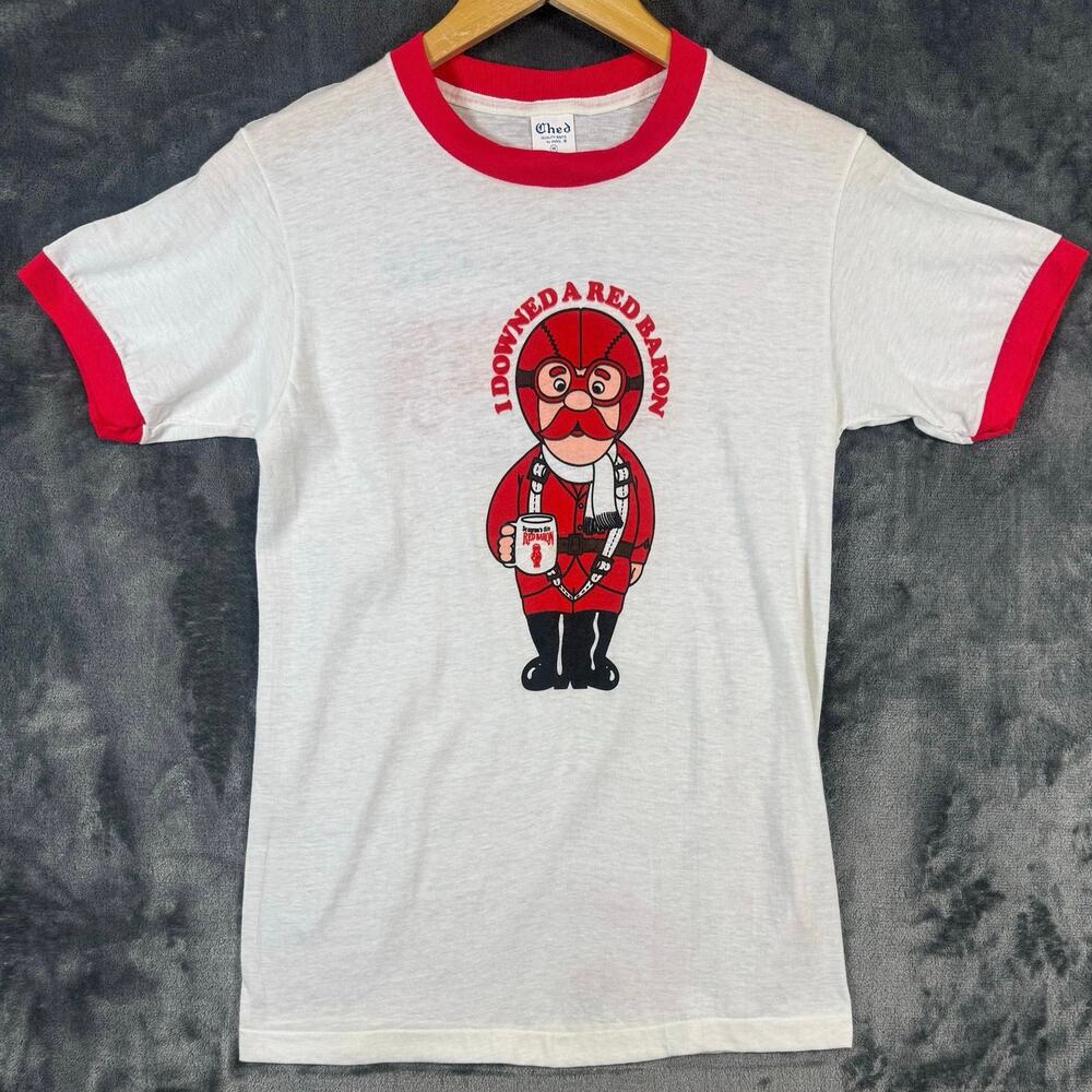 NOS VTG 70s CHED Seagram’s Gin Red Barron Promotional Ringer T Shirt MED WHT/RED